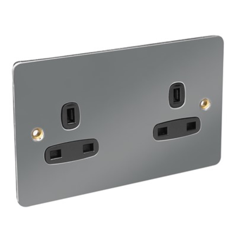 Flat Plate 13Amp 2 Gang Socket Unswitched *Black Nickel **